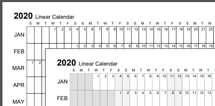 Screenshot comparison of a black & white calendar versus standard grayscale