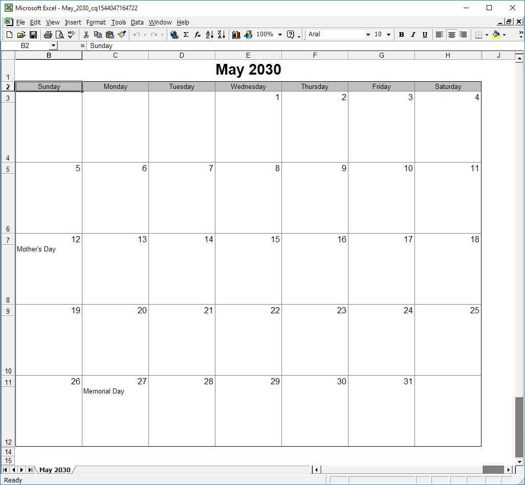 Screenshot of calendar inside Microsoft Excel application