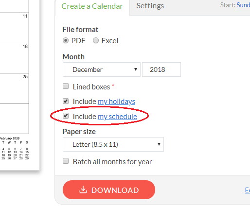 Screenshot of schedule include option on download form