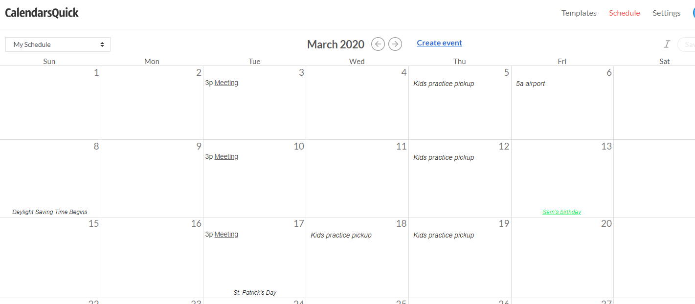Screenshot of web calendar with events