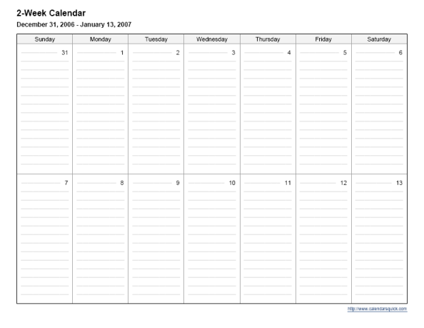 Printable 2-Week Calendar - CalendarsQuick