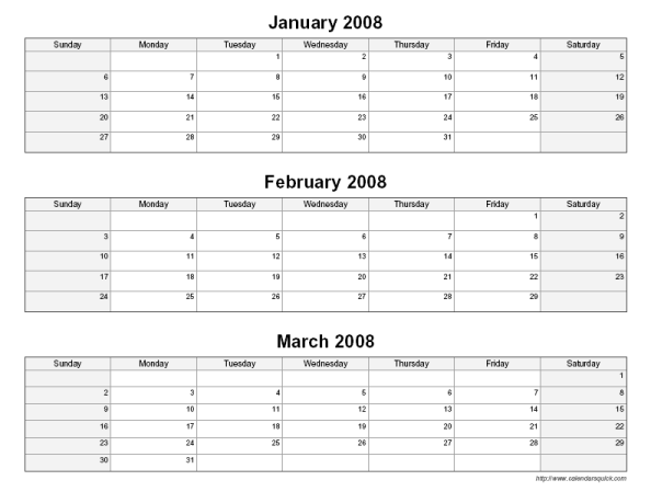 Quarterly Monthly Calendar : Printable monthly calendar in word with shaded Quarterly Monthly Calendar : Printable monthly calendar in word with shaded