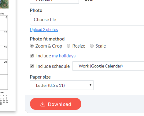 Screenshot of printable calendar download form