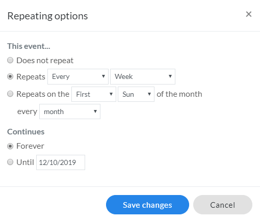 Screenshot of available repeating event options