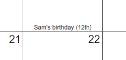 Screenshot showing a calendar with auto-age entry - Sam's b-day (12th)