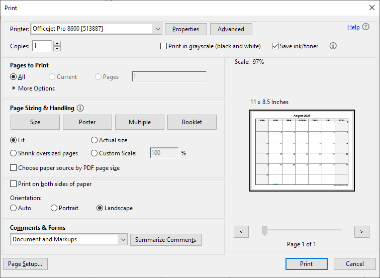 Screenshot of Adobe Acrobat Reader DC 2021 print dialog on Windows