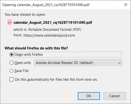 Screenshot of Firefox browser prompt when downloading a printable calendar
