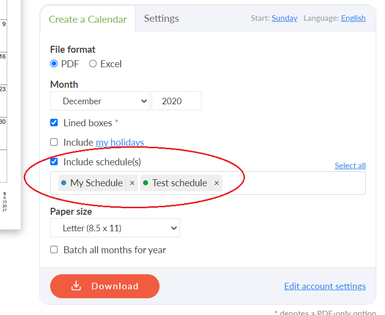Screenshot of schedules include option on download form