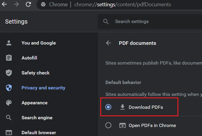 Screenshot of Chrome browser PDF document settings screen
