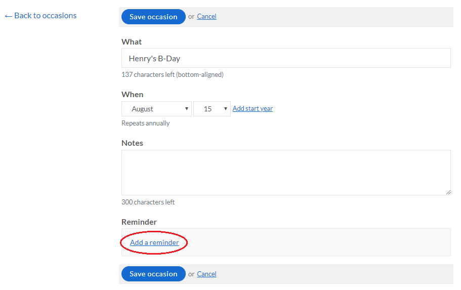 Screenshot of special occasion create with reminders screen