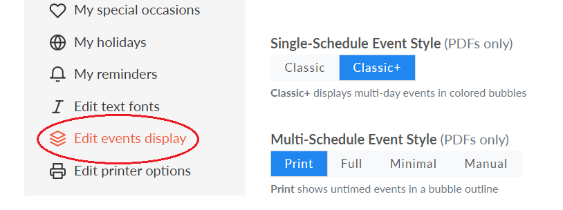 Screenshot of event display options