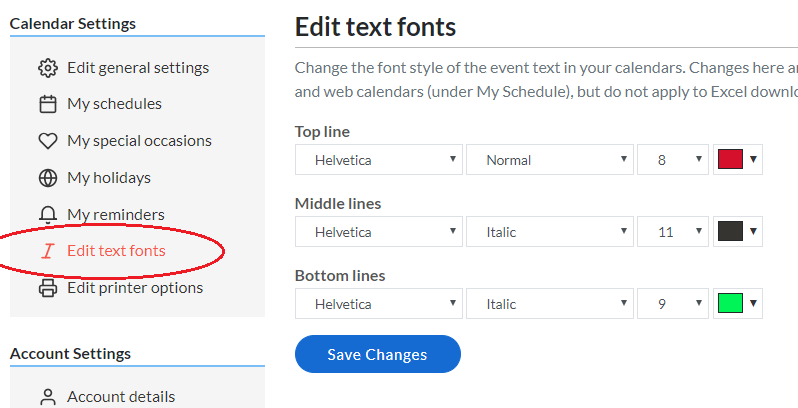 Screenshot of font style options
