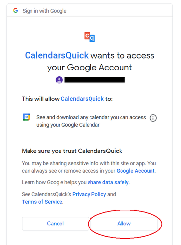 Screenshot of prompt from Google for authorization to link calendar account