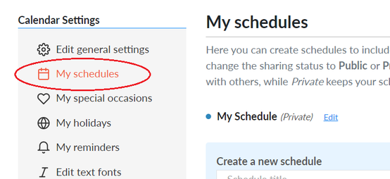 Screenshot of area for creating schedules