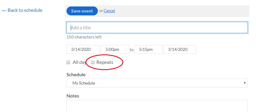 Screenshot of new event and repeats checkbox