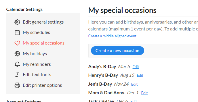 Screenshot of list of special occasions