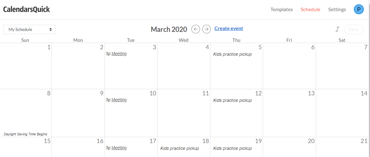 Screenshot of CalendarsQuick web calendar