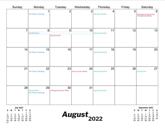 Screenshot of Classic Monthly printable calendar with multiple schedules