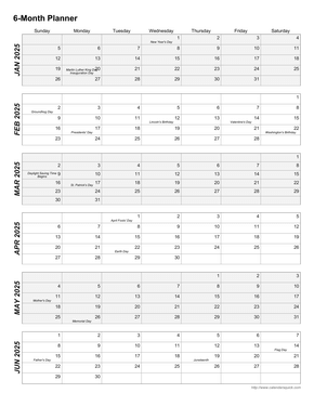 6-Month Calendar Template