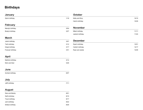 Birthdays Calendar