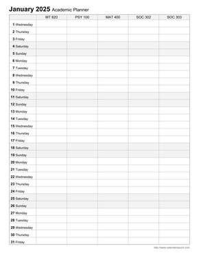 Monthly Academic Planner