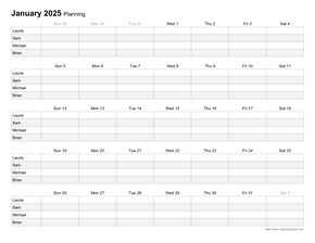 Rowed Monthly Family Printable Calendar