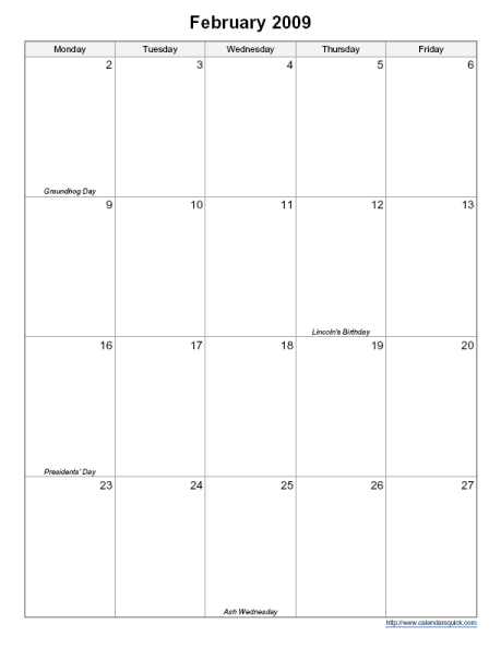 Free 5 Day Monthly Calendar Printable